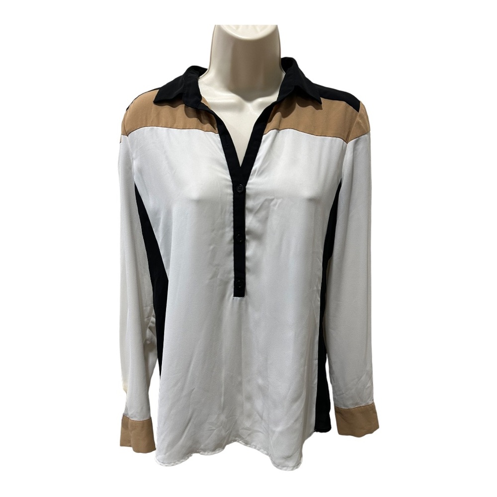 ⭐️ NY&C BLOUSE - HALF BUTTON BLACK WHITE TAN COLOR BLOCK SHIRT - SIZE XS ⭐️